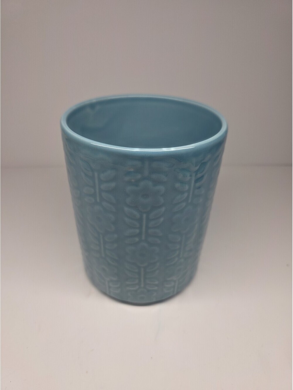 Utensil Holder Vase 6'' Tall Ceramic Pottery Raised Pattern Teal Color 50s Look